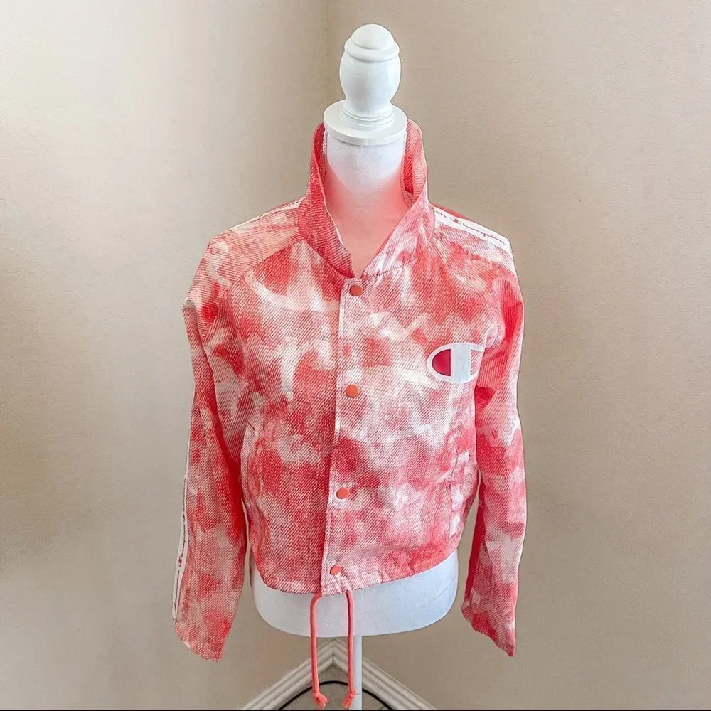 Champion Orange/Pink/White Zipper Tape Coach Cropped Jacket; SZ S; EUC